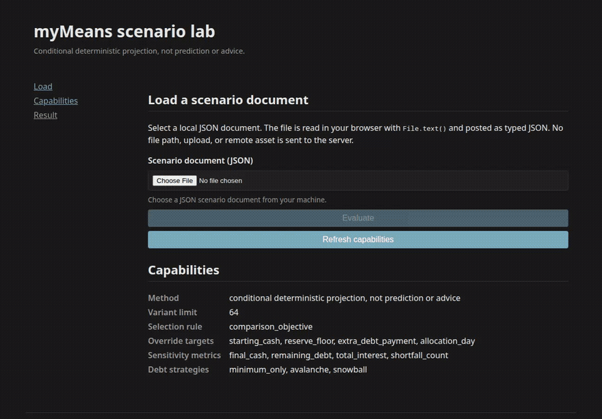 Animated demo: loading the fictional scenario document into the local web interface and browsing the evaluated variants, strategy comparison, and projection outcomes